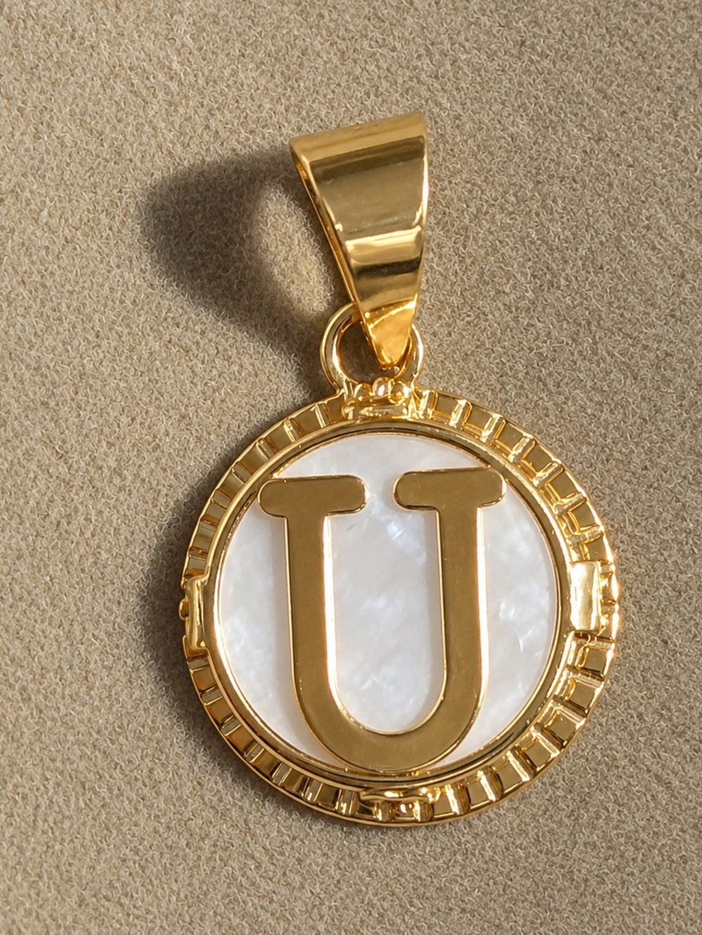 10K Solid Gold Initial U Pendant with White Mother of Pearl – New in Gift Box